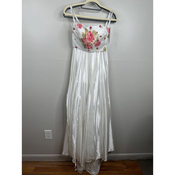 Sherri Hill 2 piece Ivory Floral Bodice Charmeuse Skirt Flower Appliques Size 0 - Picture 6 of 12